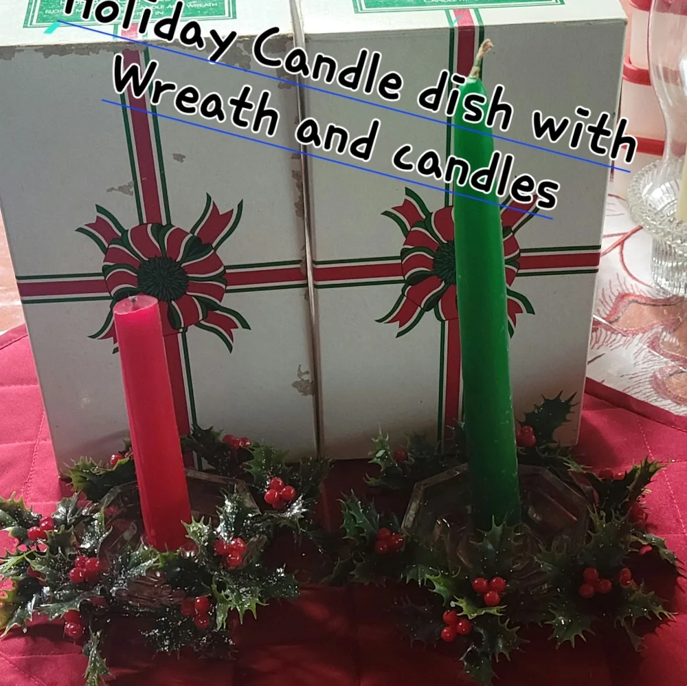 Holiday Candle Dish Set with Wreath and Candles